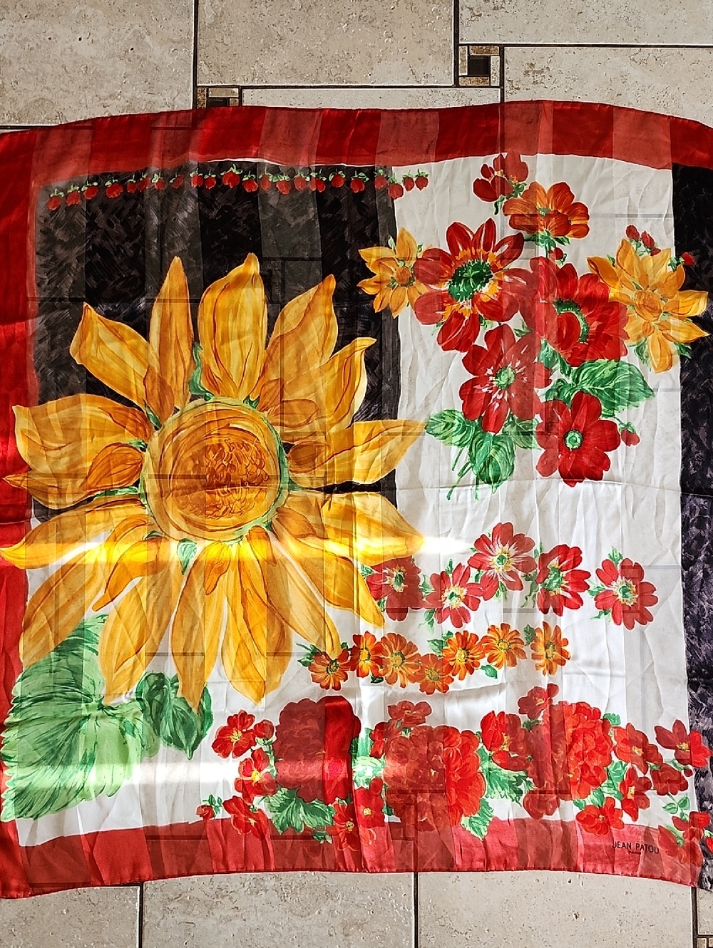 Vtg Jean Patou Floral & Sunflower Design Silk Square Neckerchief Scarf